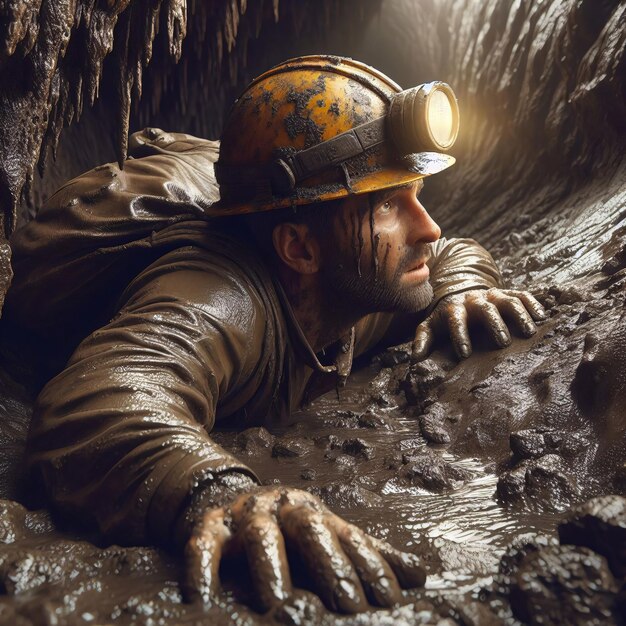 Foto realistische nachtelijke opname van een worstelende mijnwerker in een kolenmijn