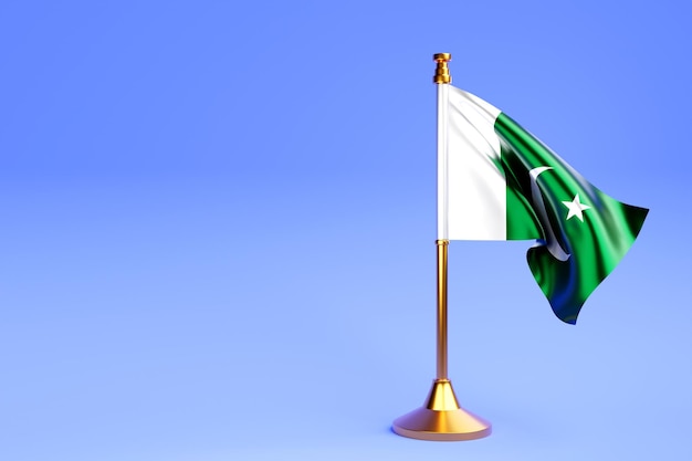 Realistische nationale vlag van PakistanxA op stalen paal op blauwe geïsoleerde achtergrond Lege tafelvlag geschikt voor ontwerp mockup 3D illustrationxA