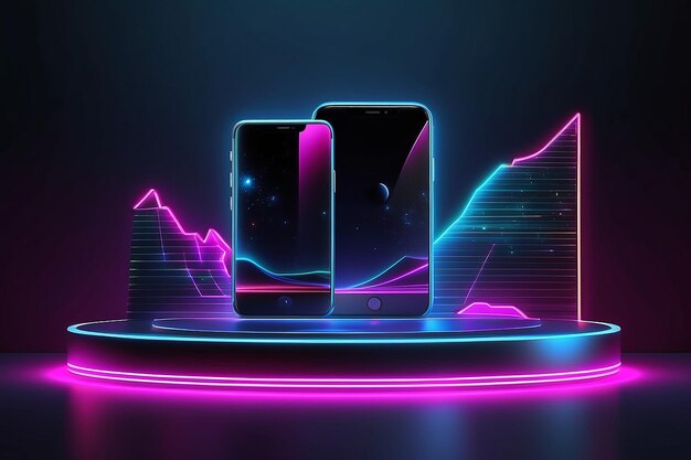 Realistische neon podium scène voor product display of presentatie Futuristische neon laser straal licht illustratie vector 3d moderne smartphone mockup