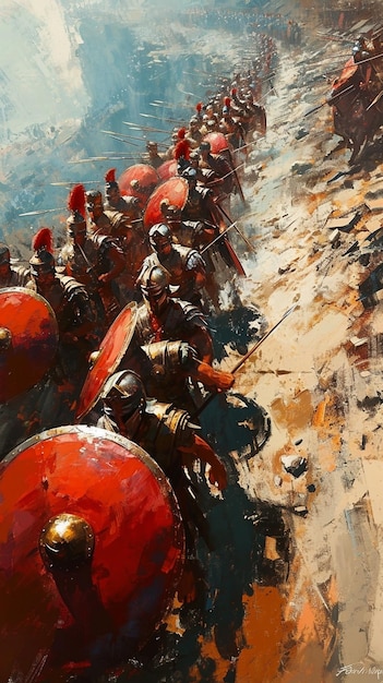 Foto realistische olieverf schilderij van een romeins legioen in gevechtsformatie
