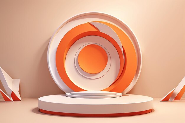 Realistische oranje witte 3D-cilinder voetstuk podium met geometrische vormen en reliëf cirkel ring scène achtergrond Abstracte minimale scène voor mockup producten display Stage voor showcase