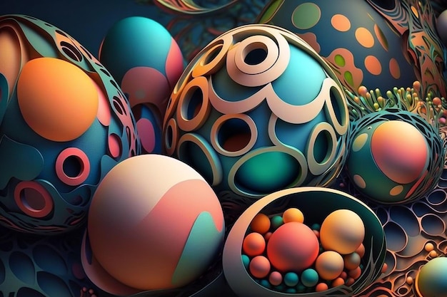 Realistische paasachtergrond met kleurrijke eieren, weideplanten en vlinders Generatieve AI