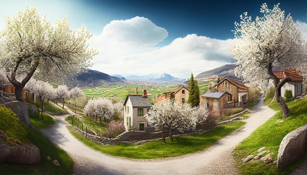 Realistische panoramaweergave van de lente met dorpshuisachtergrond Generatieve AI
