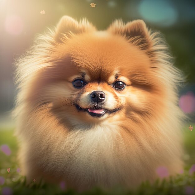 Realistische pomeranian hond op verrukkelijke natuurlijke buitenachtergrond