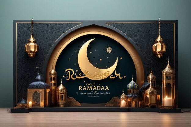 Realistische ramadan kareem illustratie achtergrond met moskee kaars lantaarns en sterren vector des