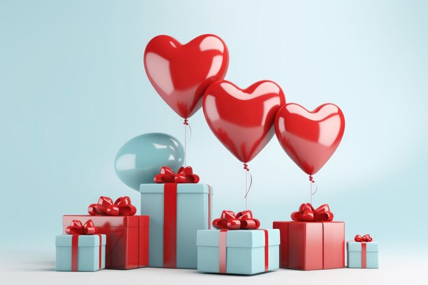 Foto realistische rode geschenkdoosjes geschenkdozen vol met decoratieve feestelijke voorwerpen valentijnsdagontwerp vakantie banner web poster flyer groetjeskaart omslag romantische achtergrond generatieve ai