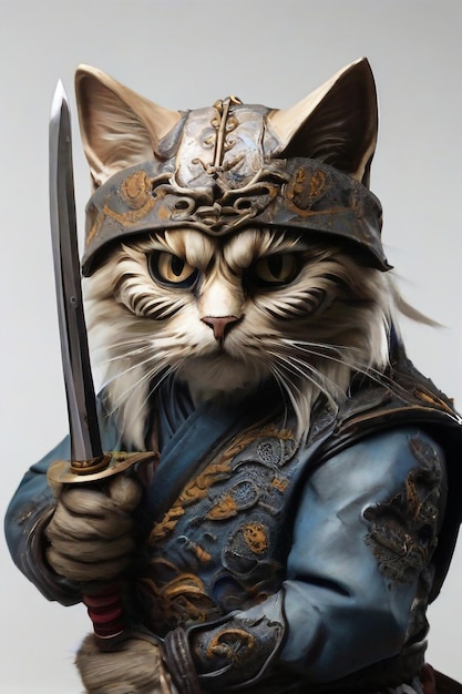 Foto realistische samurai-kat met een katana-zwaard