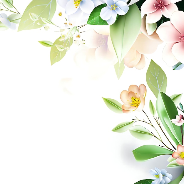 Realistische schattige bloemen en bladeren op witte achtergrond met uitgelijnde negatieve ruimte