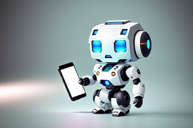 Realistische schattige robot met een smartphone in zijn handen Telefoon met witte ruimte om te vullen