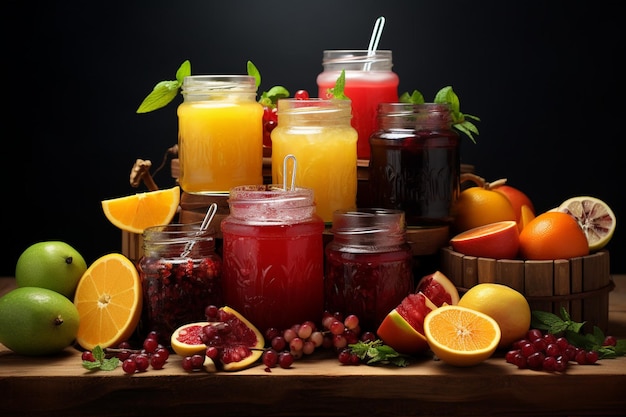 Foto realistische selectie van potten en glazen met vruchtensappen