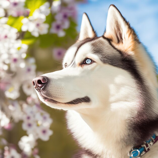 Realistische siberische husky hond op verrukkelijke natuurlijke buitenachtergrond