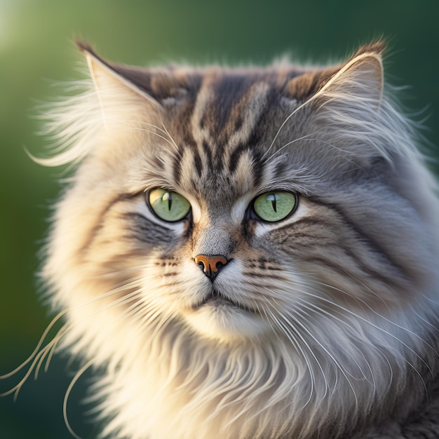 Realistische siberische kat op verrukkelijke natuurlijke buitenachtergrond