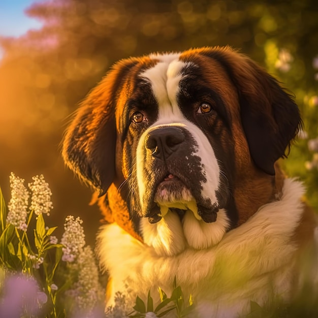 Realistische st bernard hond op verrukkelijke natuurlijke buiten achtergrond