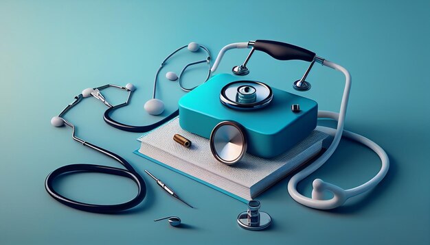 Realistische stethoscoop op doktersbureau met kopie ruimte medische achtergrond Generatieve AI
