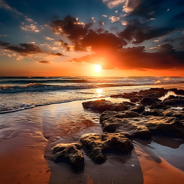 Realistische strandzonsondergang boven oceaan Olieverf AI Generated Generative AI