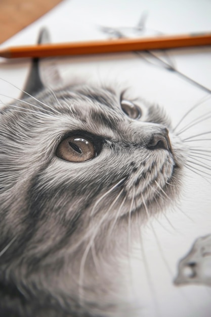 Realistische tekening kat op papier gezicht van schattig huisdier close-up dier portret geschilderd met potlood Concept van het ontwerp achtergrond kunst illusie schets bw