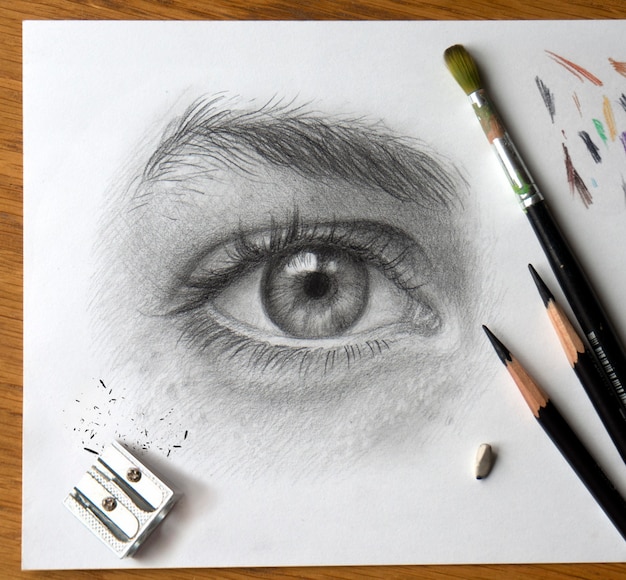 Realistische tekening van een menselijk oog. Monochroom hand tekenen. Het proces van het werken op het bureaublad van de kunstenaar met kunstmaterialen.