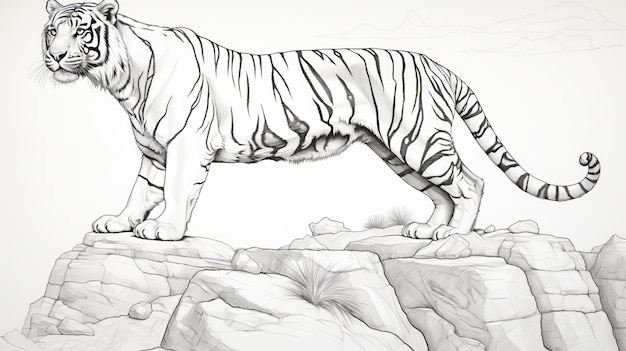 Foto realistische tijger tekening op rots gedetailleerde karakter illustratie