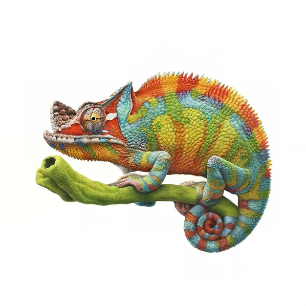 realistische veelkleurige chameleon met iriserende huid in vlekken op witte achtergrond