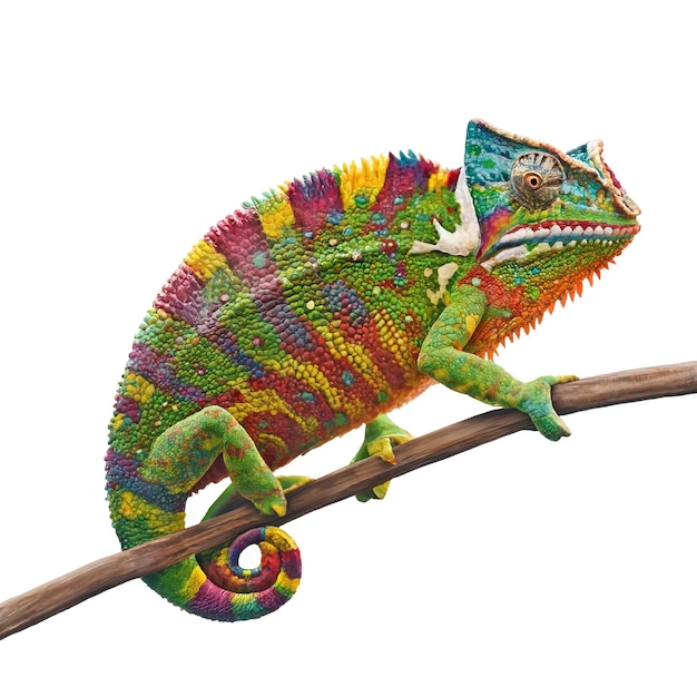realistische veelkleurige chameleon met iriserende huid in vlekken op witte achtergrond