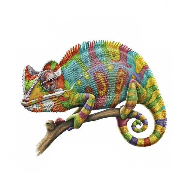 realistische veelkleurige chameleon met iriserende huid in vlekken op witte achtergrond