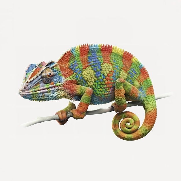 realistische veelkleurige chameleon met iriserende huid in vlekken op witte achtergrond