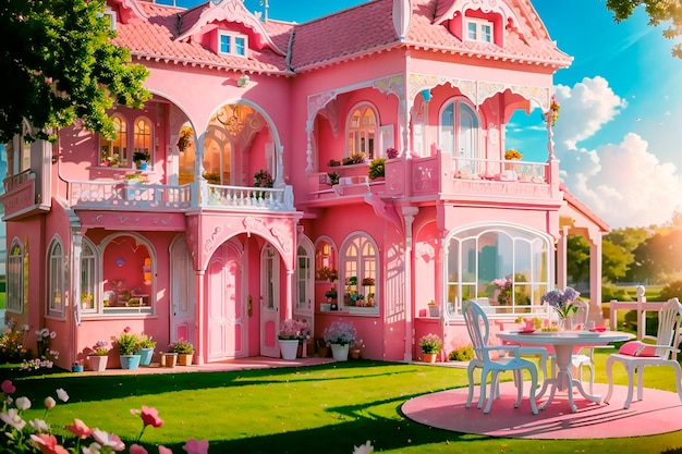 Realistische versie van het typische Barbie-huis met tuinaanvullingen