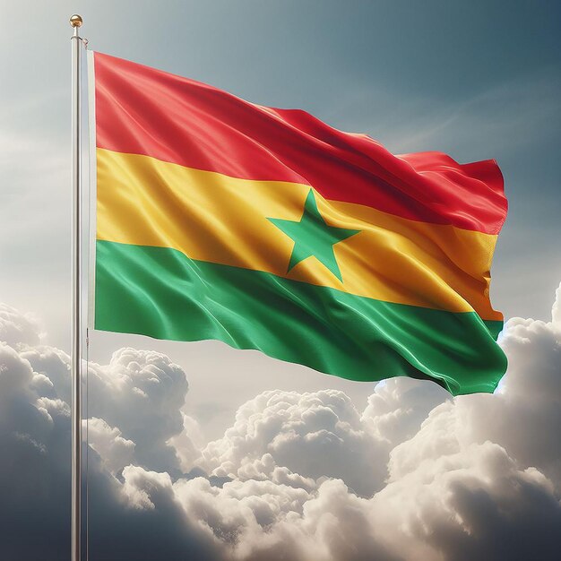 Realistische vlag van Burkina Faso op vlaggenpaal die in de wind zwaait tegen witte wolken