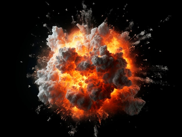 Realistische vurige explosie met vonken en rook op een zwarte achtergrond Ai Generatieve illustratie