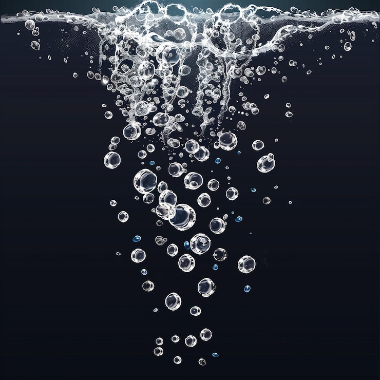 Foto realistische waterbelletjes die opstijgen in een heldere vloeistof tegen een donkere achtergrond
