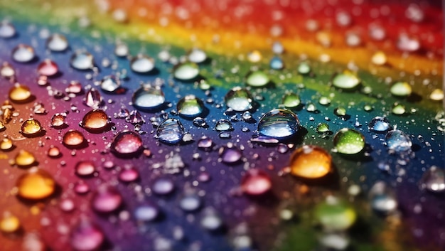 Foto realistische waterdruppeltjes op regenboog achtergrondontwerpbehang