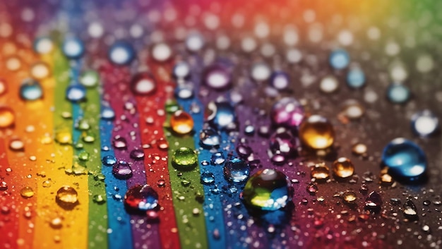 Foto realistische waterdruppeltjes op regenboog achtergrondontwerpbehang