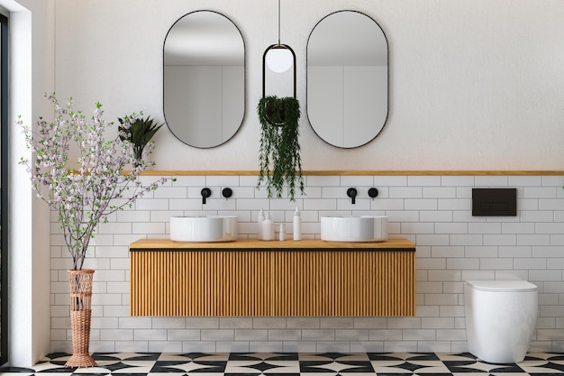 Realistische weergave van witte gootsteen op een houten aanrecht in een badkamerinterieur met tegels, spiegel.