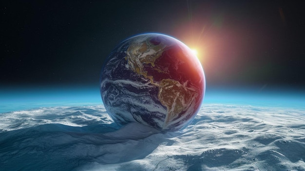 Realistische wereldwijde achtergrond van de aarde met zon en maan in de planeet