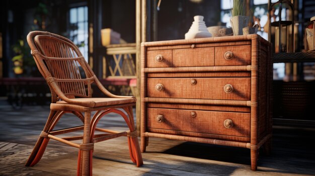 Realistische Wicker Arm Chair en Groene Dresser in Unreal Engine 5 stijl