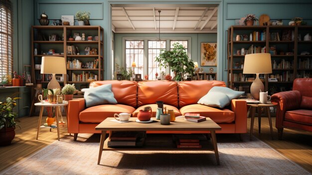 Foto realistische woonkamer met meubelillustratie