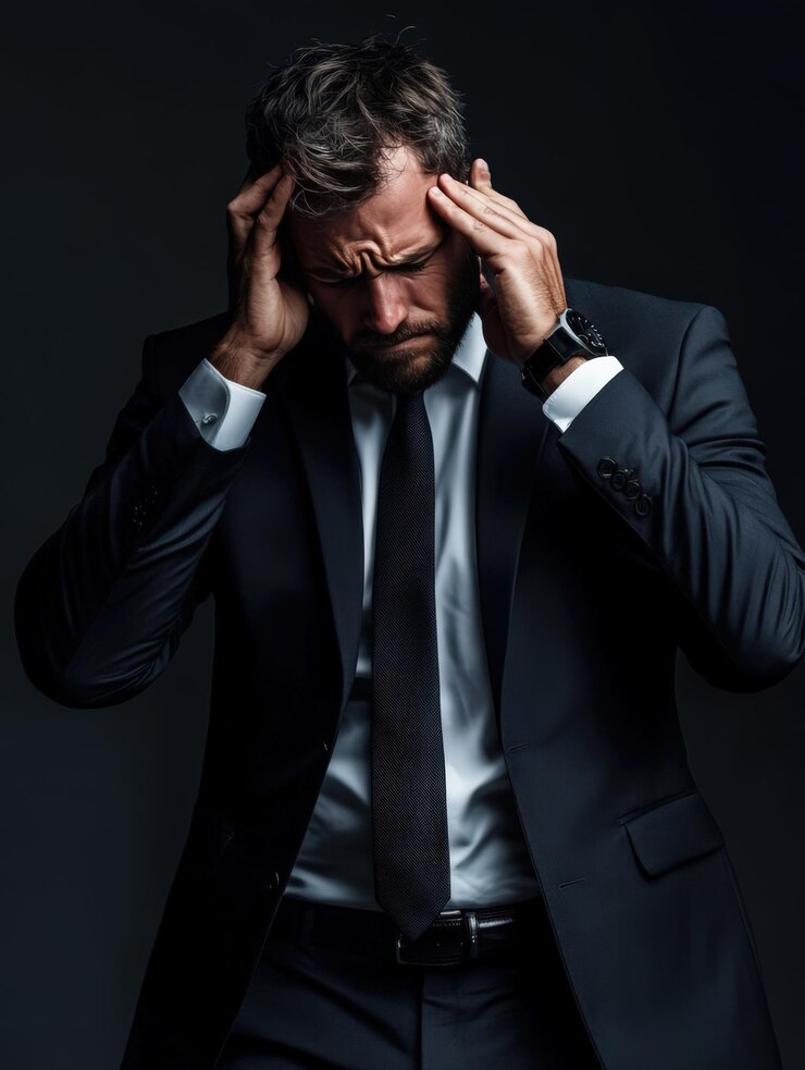 Realistische zakenvrouw teken van stress beide handen raken koppen hij draagt een zakenpak