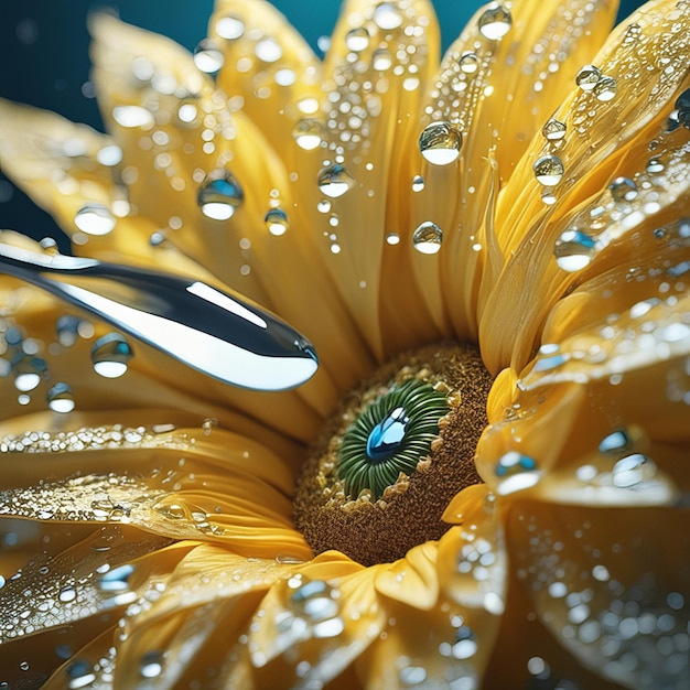 Foto realistische zonnebloemset met lichte deeltjes waterdruppels