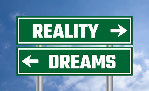 Reality or dreams road sign on cloudy sky background