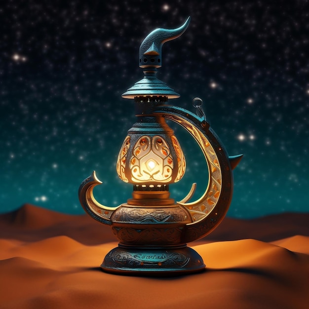 reality oil lamp with crescent starry sky desert background