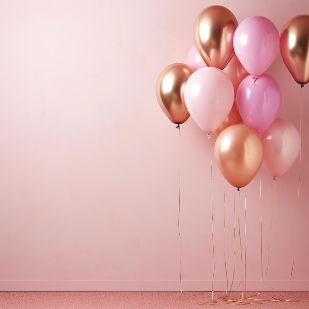 Reality rose gold balloons on pastel pink wall background