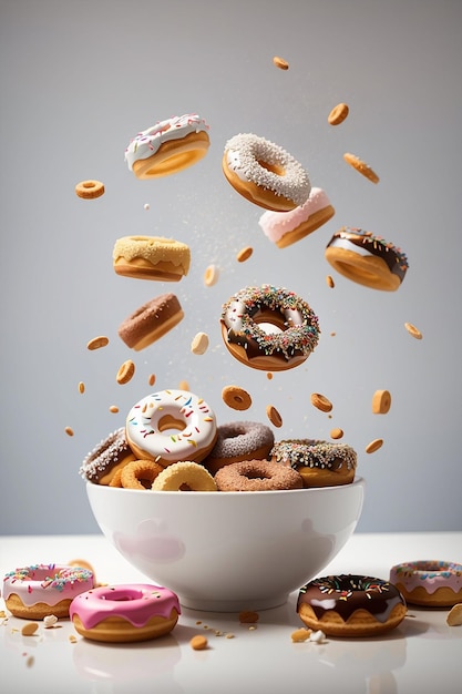 Reality shot of flying donuts around on a bowl full of donuts