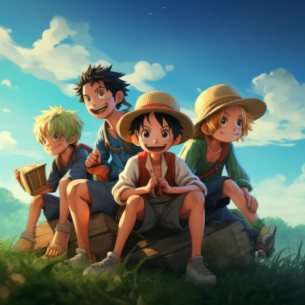 Photo reallife kids meet one piece characters monkey d luffy zoro sanji ussop nami in ultrarealisti