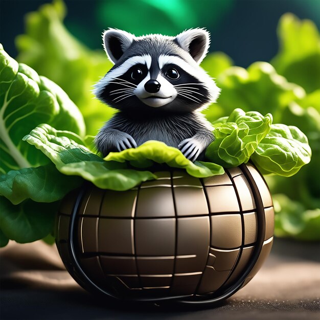 a really fat raccoon sitting on top of a ball of lettuce looking happy cinematic wildlife photograph