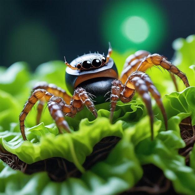 a really fat spider sitting on top of a ball of lettuce looking happy cinematic wildlife photograph