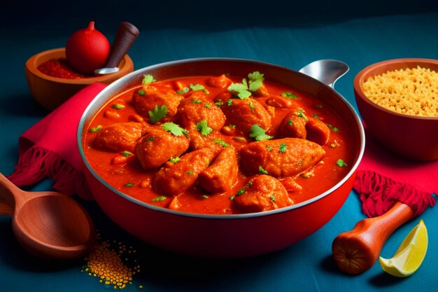 Photo realties chicken spicy reddish chicken curry or masala with prominent leg piece served in a bowl