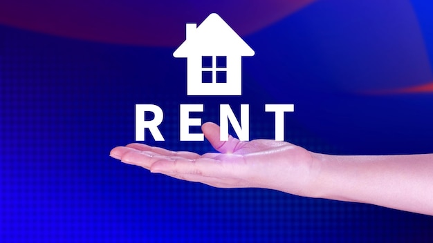 Realtors hand puts with icon house and word RENT Concept of renting housing apartment real estate market of immobility Property investment and house mortgage financial concept