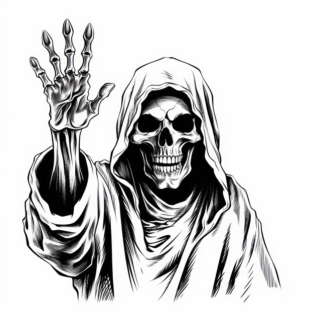 Reaper holding up two fingers black and white isolated on white background