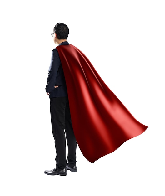Rear angle view of Businessman in suit and cape hero isolated on white background . with clipping path .