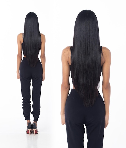 Rear Back view Full Length half body tanned skin women with disability of young adult stand confident white background Asian female long straight hair smile in black shirt dress pant high heel shoes